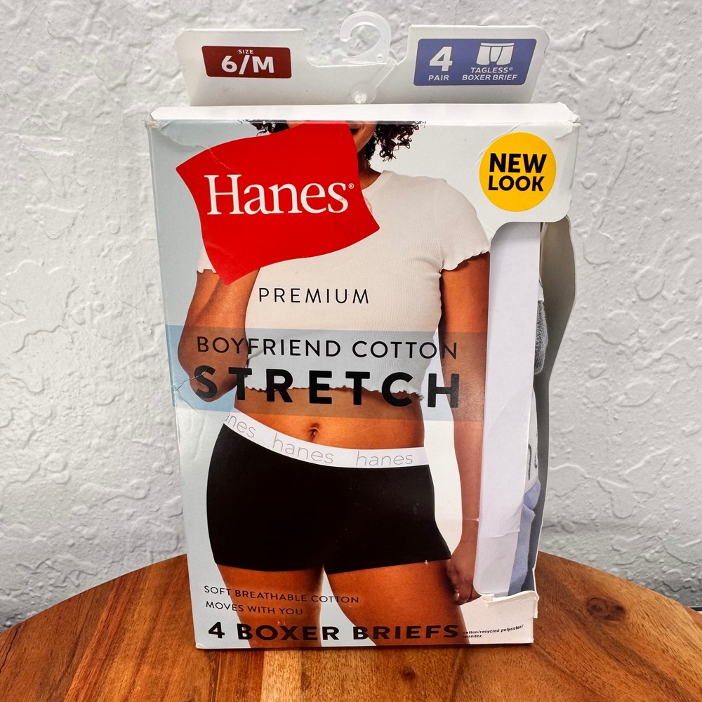 Hanes Premium Womens Boyfriend Cotton Stretch Boxer Briefs 4 Pack Size 6/M NEW